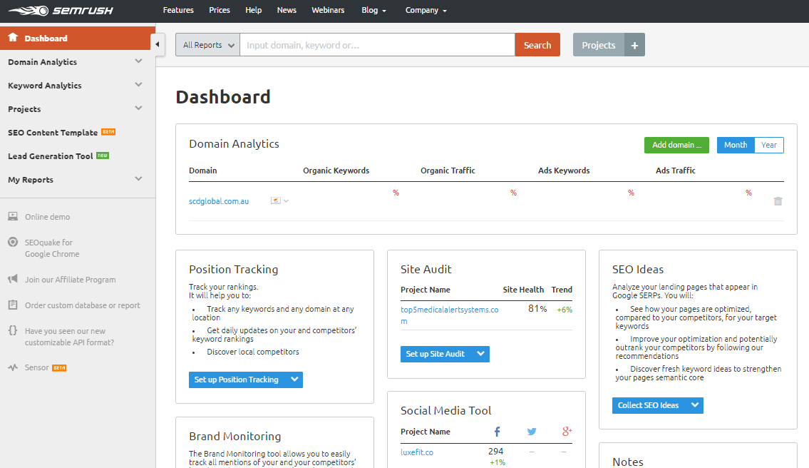 semrush dashboard