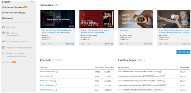 SEMRush competitor video ads report